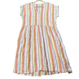 Lou & Grey for Loft Linen Dress Stripe V-Neck Lagenlook Drop Waist Size Large